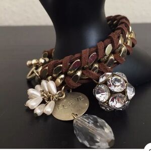 Vintage Brown Suede Gold Tone Chain Link Bracelet with Novelty Charms Boho